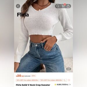 Flirla White V Neck Crop Sweater